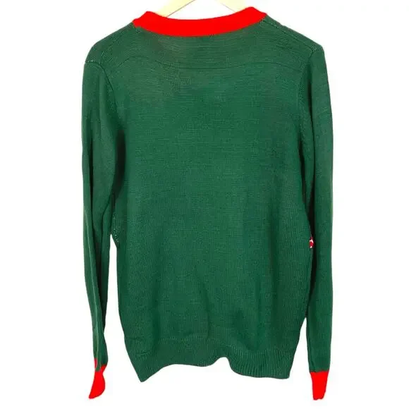 Pink Reindeer Sz L Green Knit Sweater Red Collar & Cuffs XMAS Sweater - Picture 2 of 8